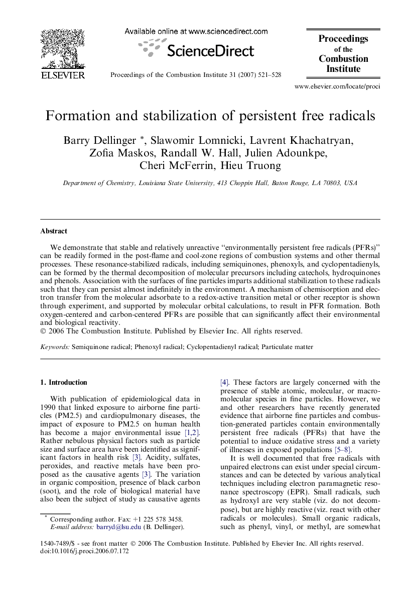 Formation and stabilization of persistent free radicals