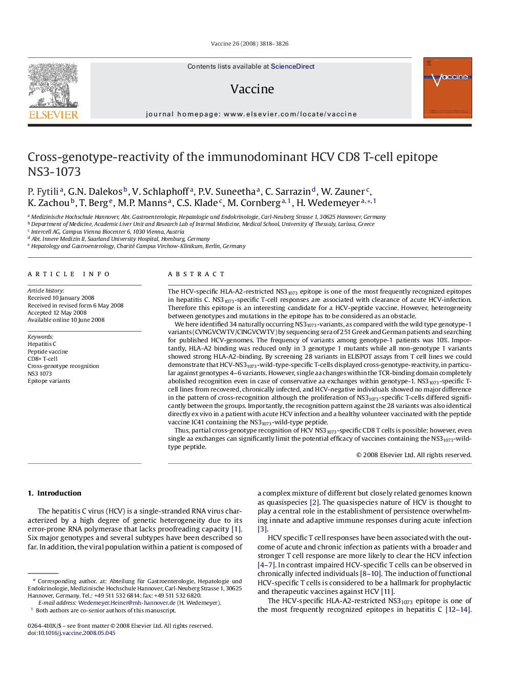 Cross-genotype-reactivity of the immunodominant HCV CD8 T-cell epitope NS3-1073