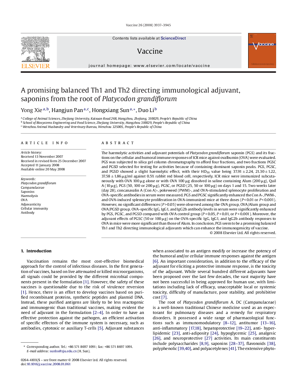 A promising balanced Th1 and Th2 directing immunological adjuvant, saponins from the root of Platycodon grandiflorum