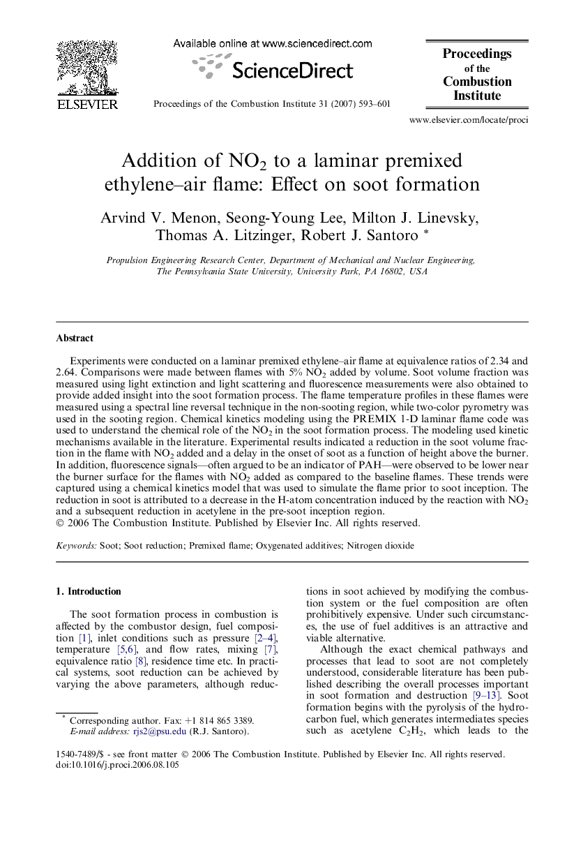 Addition of NO2 to a laminar premixed ethylene–air flame: Effect on soot formation