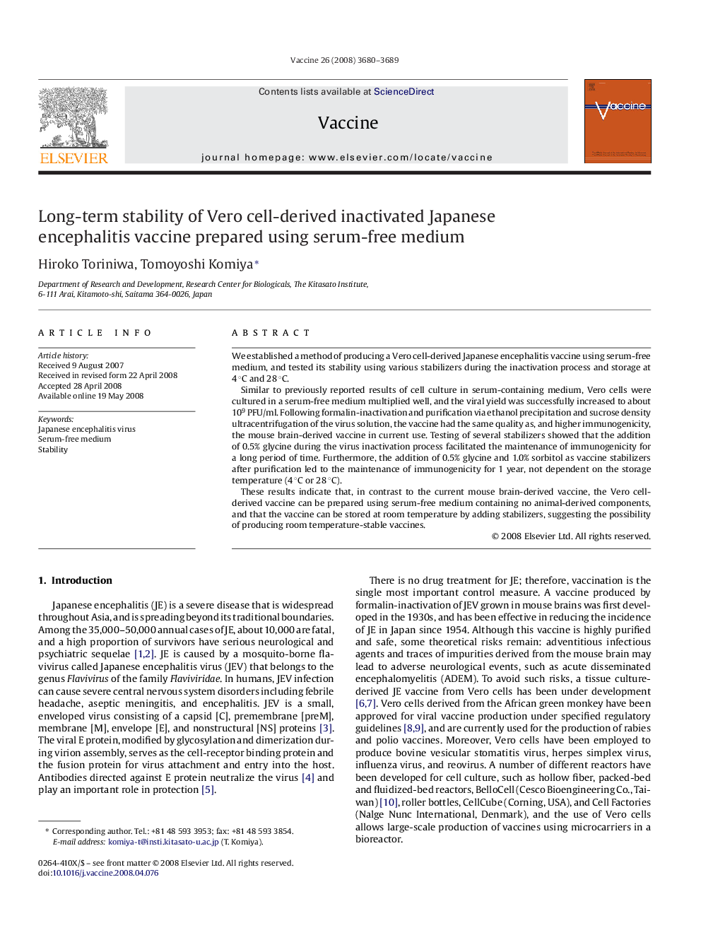 Long-term stability of Vero cell-derived inactivated Japanese encephalitis vaccine prepared using serum-free medium