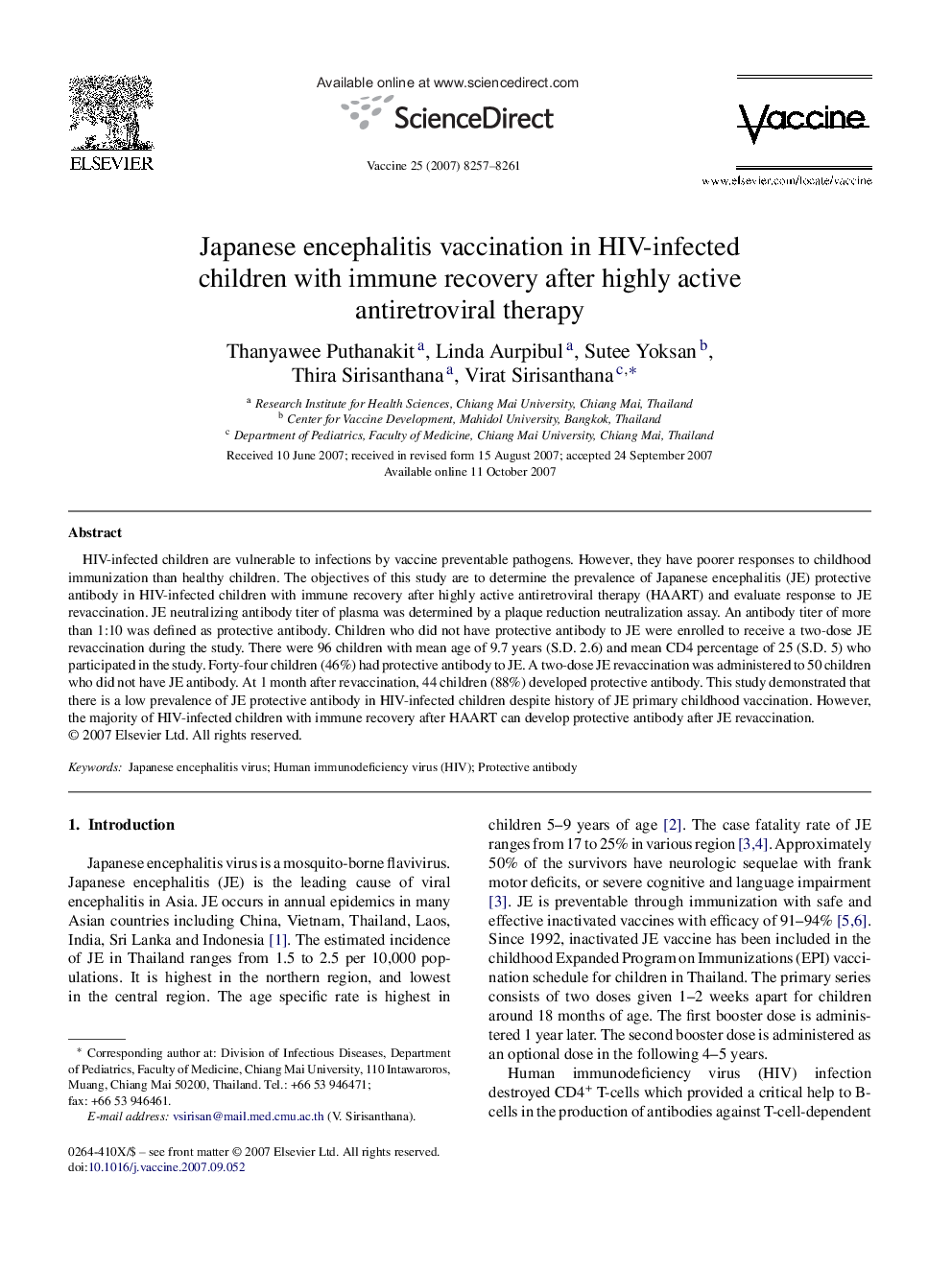 Japanese encephalitis vaccination in HIV-infected children with immune recovery after highly active antiretroviral therapy