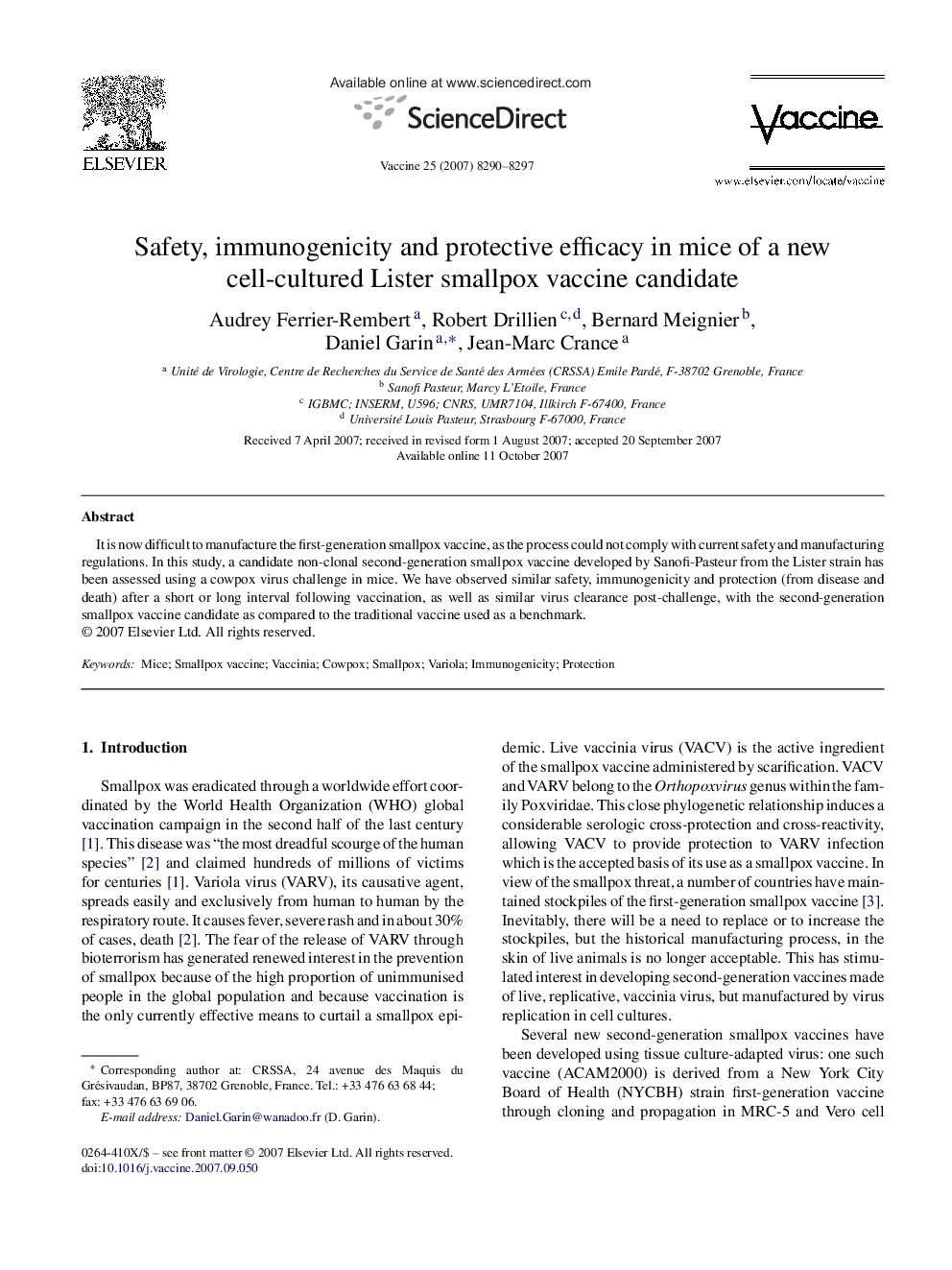 Safety, immunogenicity and protective efficacy in mice of a new cell-cultured Lister smallpox vaccine candidate