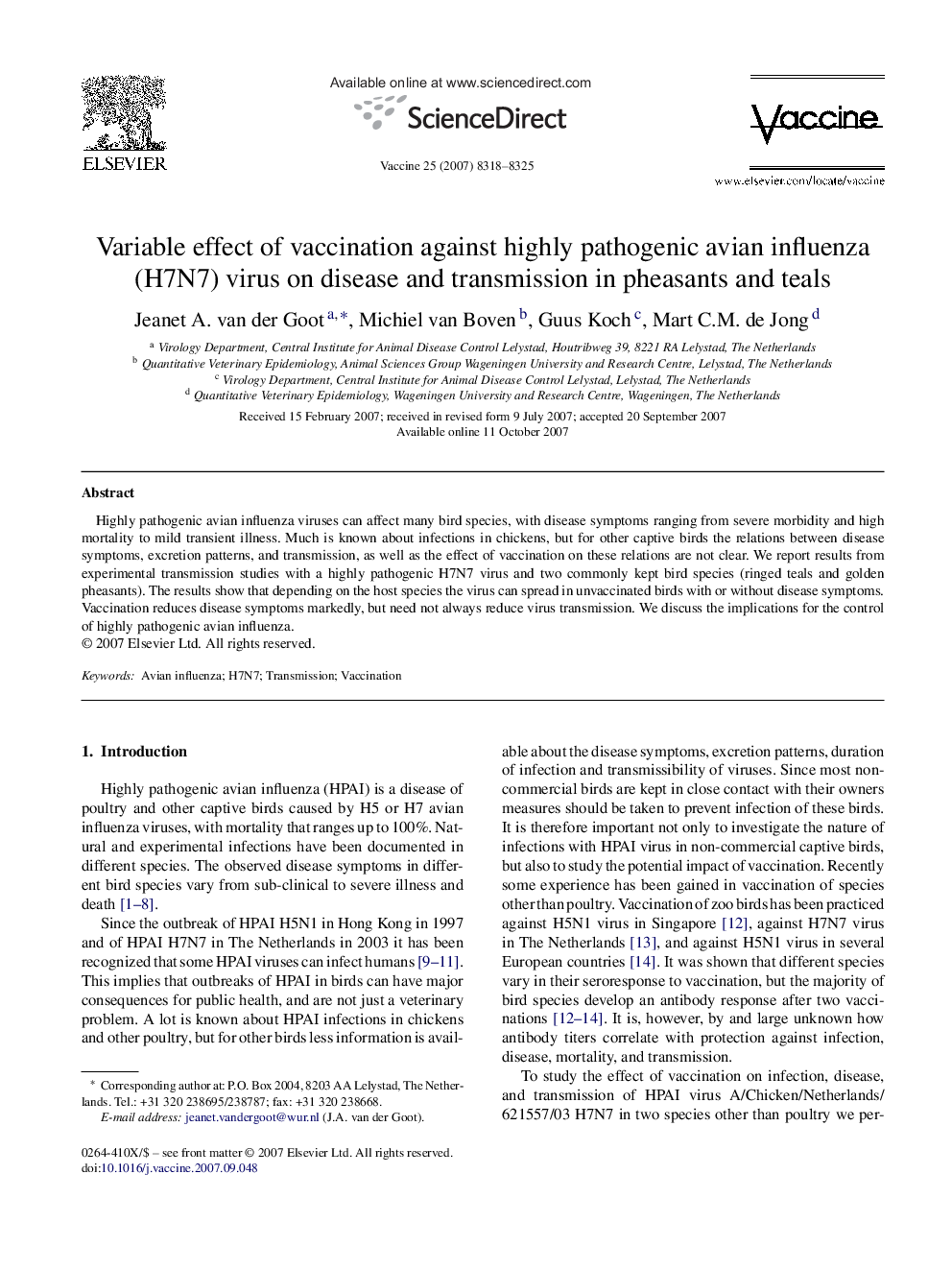 عکس صفحه اول مقاله: Variable effect of vaccination against highly pathogenic avian influenza (H7N7) virus on disease and transmission in pheasants and teals Variable effect of vaccination against highly pathogenic avian influenza (H7N7) virus on disease and transmission in pheasants and teals