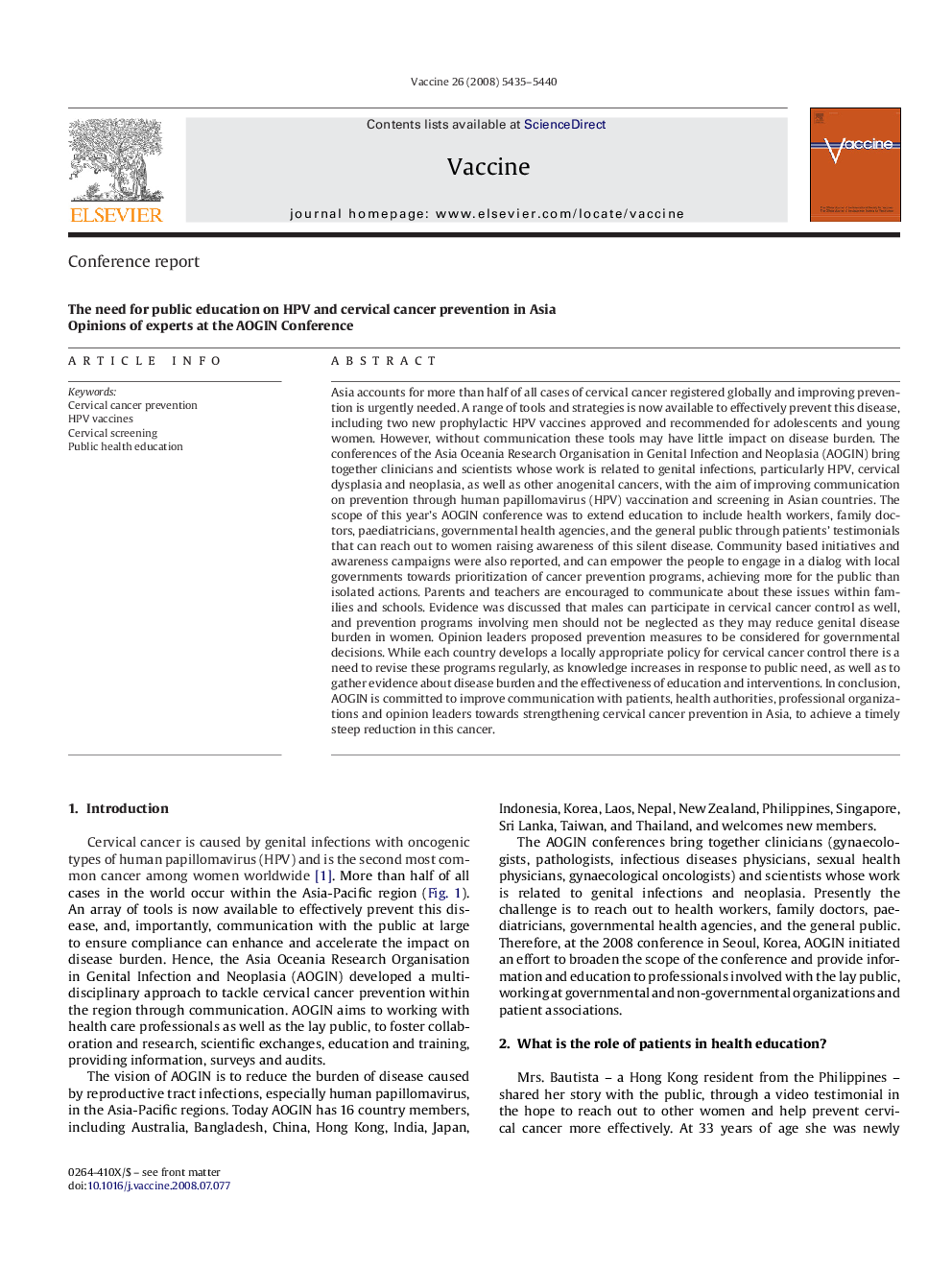 The need for public education on HPV and cervical cancer prevention in Asia: Opinions of experts at the AOGIN Conference