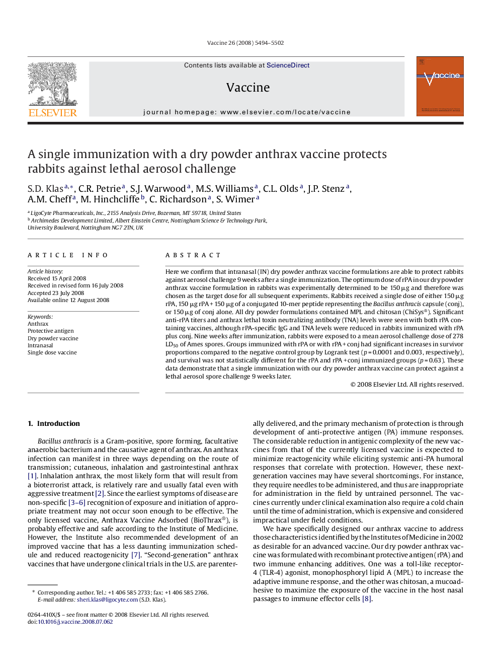 A single immunization with a dry powder anthrax vaccine protects rabbits against lethal aerosol challenge