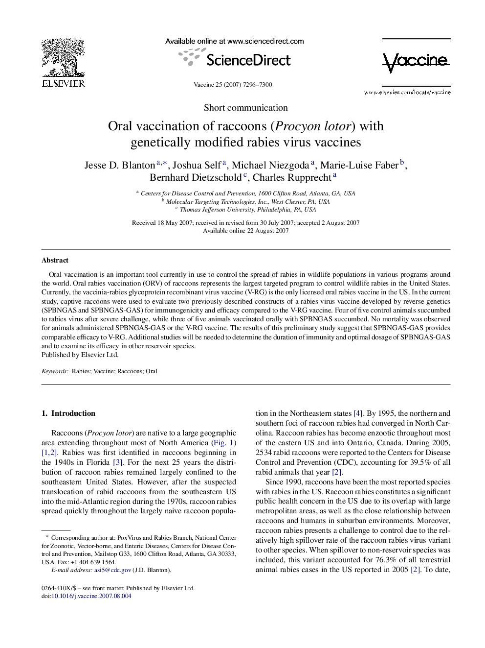 Oral vaccination of raccoons (Procyon lotor) with genetically modified rabies virus vaccines