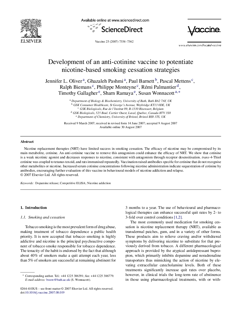 Development of an anti-cotinine vaccine to potentiate nicotine-based smoking cessation strategies