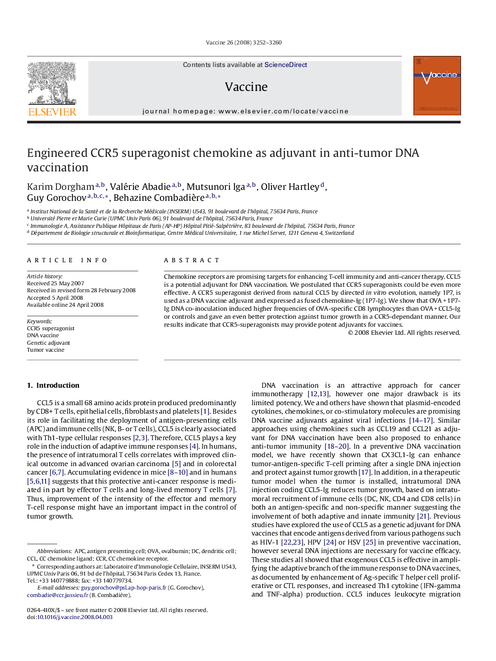 Engineered CCR5 superagonist chemokine as adjuvant in anti-tumor DNA vaccination