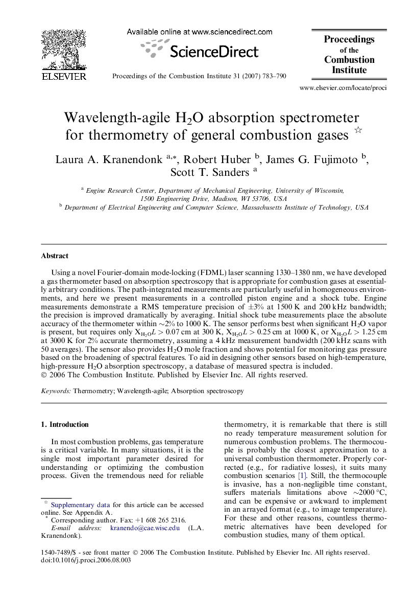 Wavelength-agile H2O absorption spectrometer for thermometry of general combustion gases 