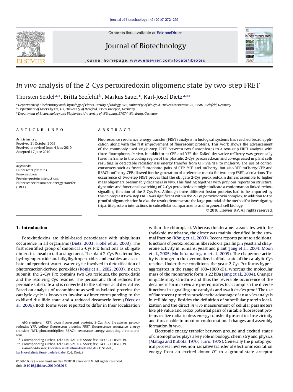 In vivo analysis of the 2-Cys peroxiredoxin oligomeric state by two-step FRET