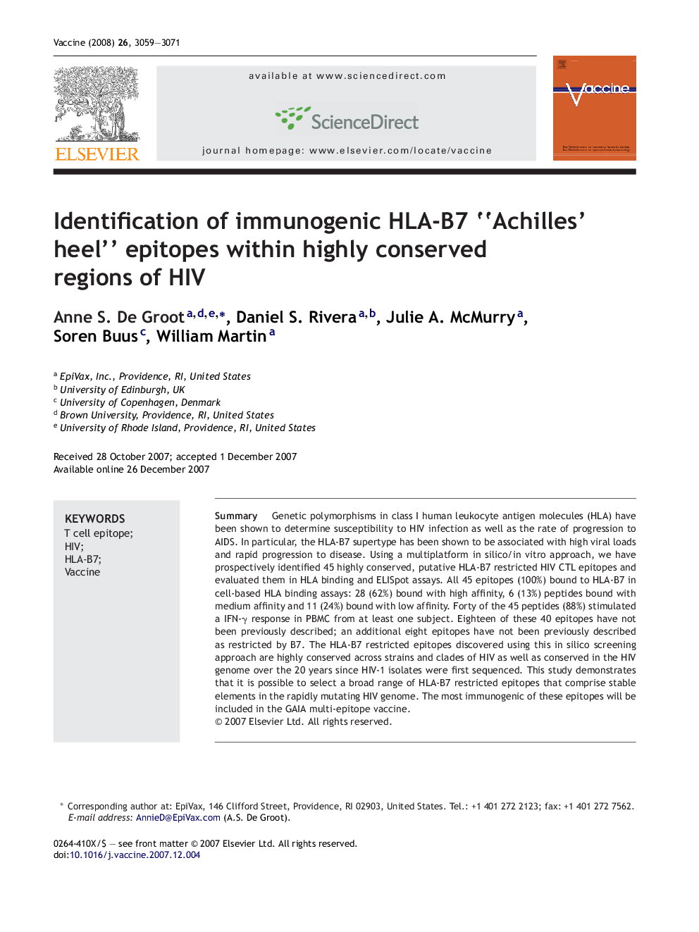 عکس صفحه اول مقاله: Identification of immunogenic HLA-B7 “Achilles’ heel” epitopes within highly conserved regions of HIV Identification of immunogenic HLA-B7 “Achilles’ heel” epitopes within highly conserved regions of HIV