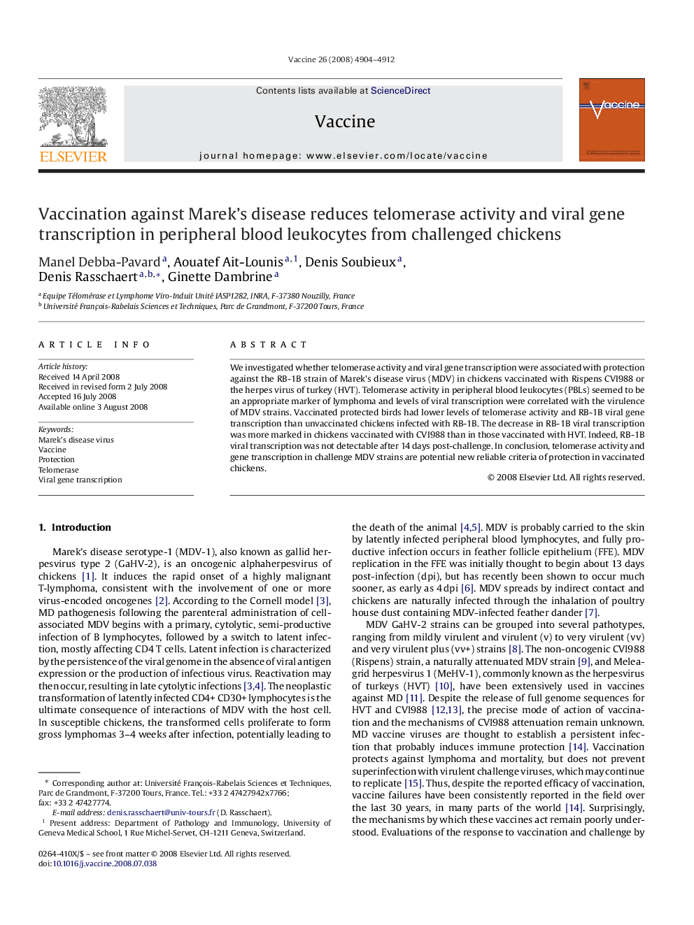 Vaccination against Marek's disease reduces telomerase activity and viral gene transcription in peripheral blood leukocytes from challenged chickens