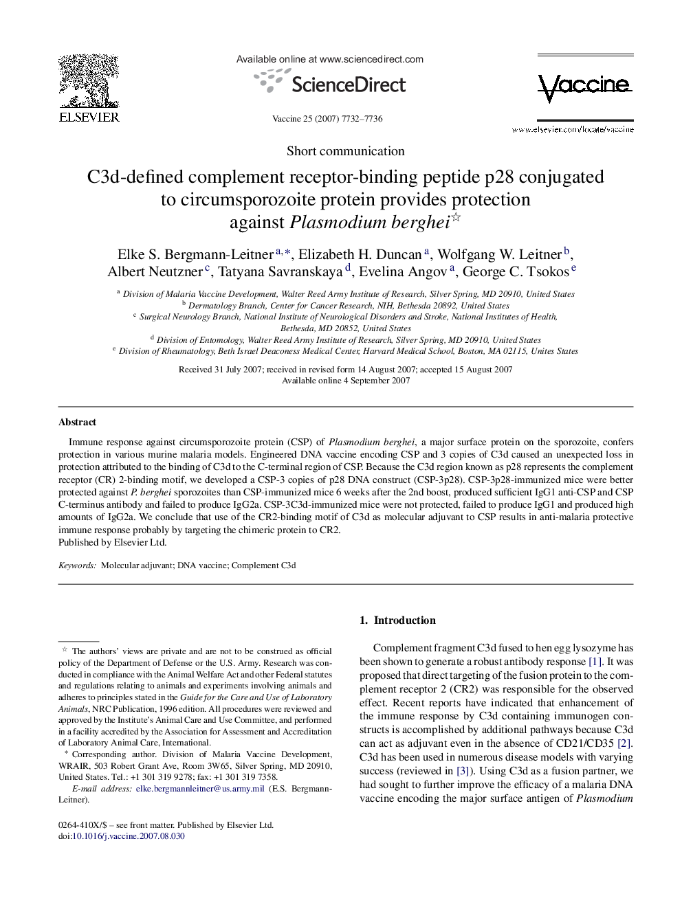 C3d-defined complement receptor-binding peptide p28 conjugated to circumsporozoite protein provides protection against Plasmodium berghei 