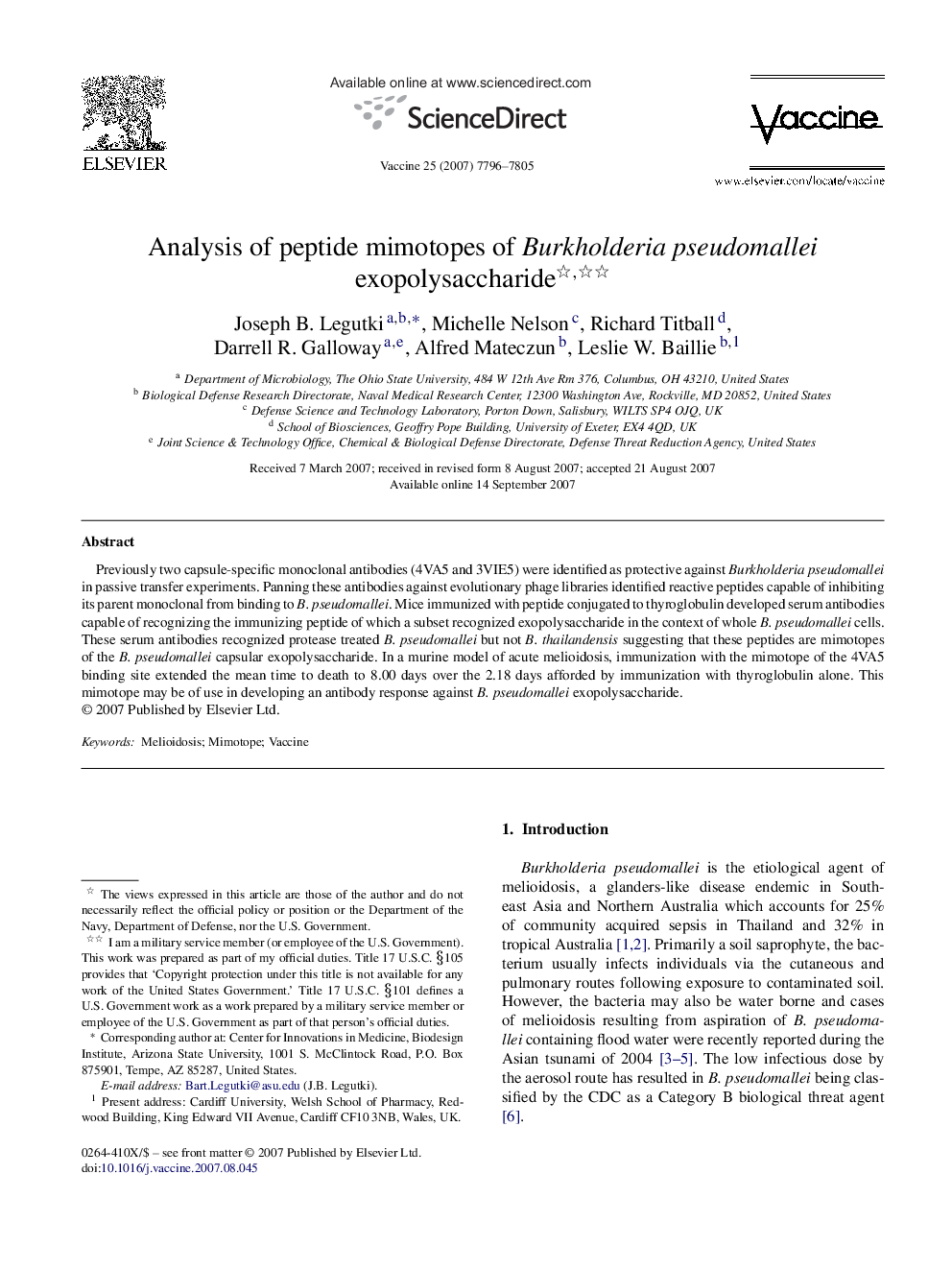 Analysis of peptide mimotopes of Burkholderia pseudomallei exopolysaccharide 