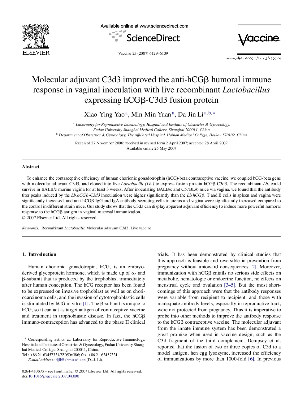 Molecular adjuvant C3d3 improved the anti-hCGβ humoral immune response in vaginal inoculation with live recombinant Lactobacillus expressing hCGβ-C3d3 fusion protein