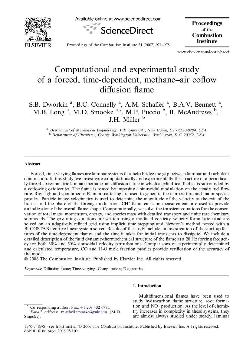 Computational and experimental study of a forced, time-dependent, methane–air coflow diffusion flame