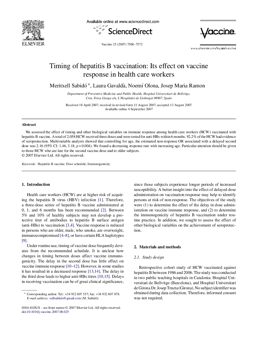 Timing of hepatitis B vaccination: Its effect on vaccine response in health care workers