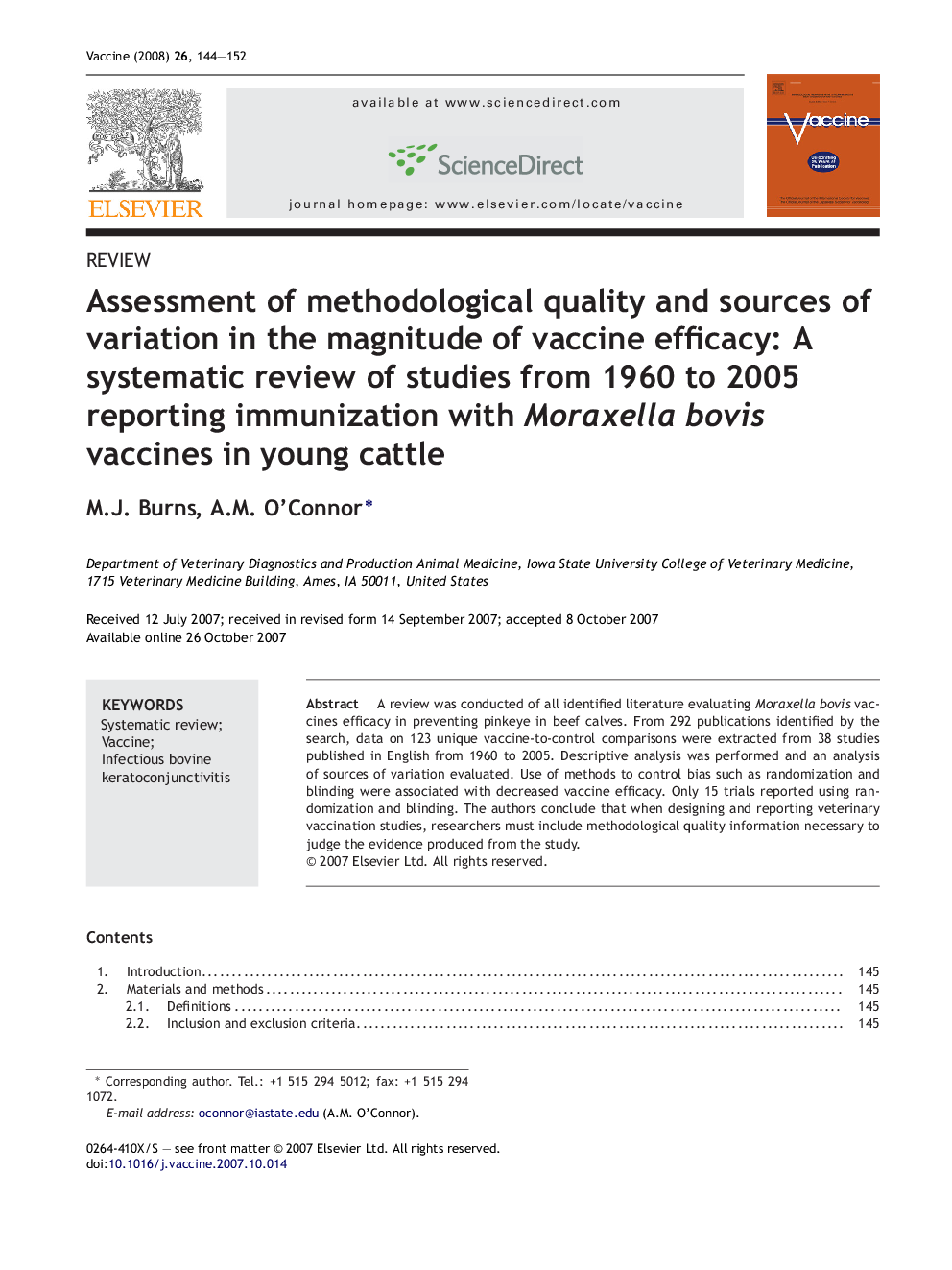 Assessment of methodological quality and sources of variation in the magnitude of vaccine efficacy: A systematic review of studies from 1960 to 2005 reporting immunization with Moraxella bovis vaccines in young cattle