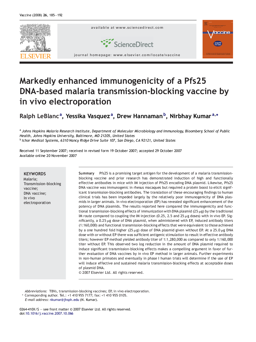 Markedly enhanced immunogenicity of a Pfs25 DNA-based malaria transmission-blocking vaccine by in vivo electroporation