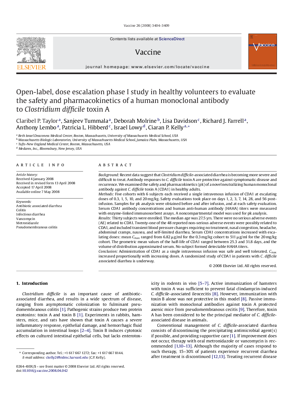 Open-label, dose escalation phase I study in healthy volunteers to evaluate the safety and pharmacokinetics of a human monoclonal antibody to Clostridium difficile toxin A