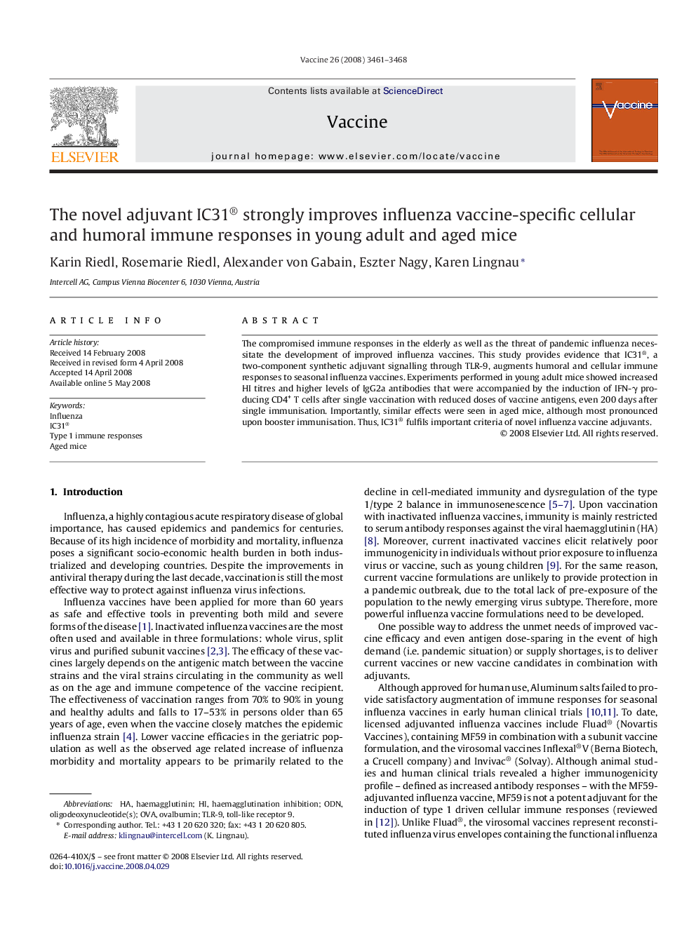 The novel adjuvant IC31® strongly improves influenza vaccine-specific cellular and humoral immune responses in young adult and aged mice