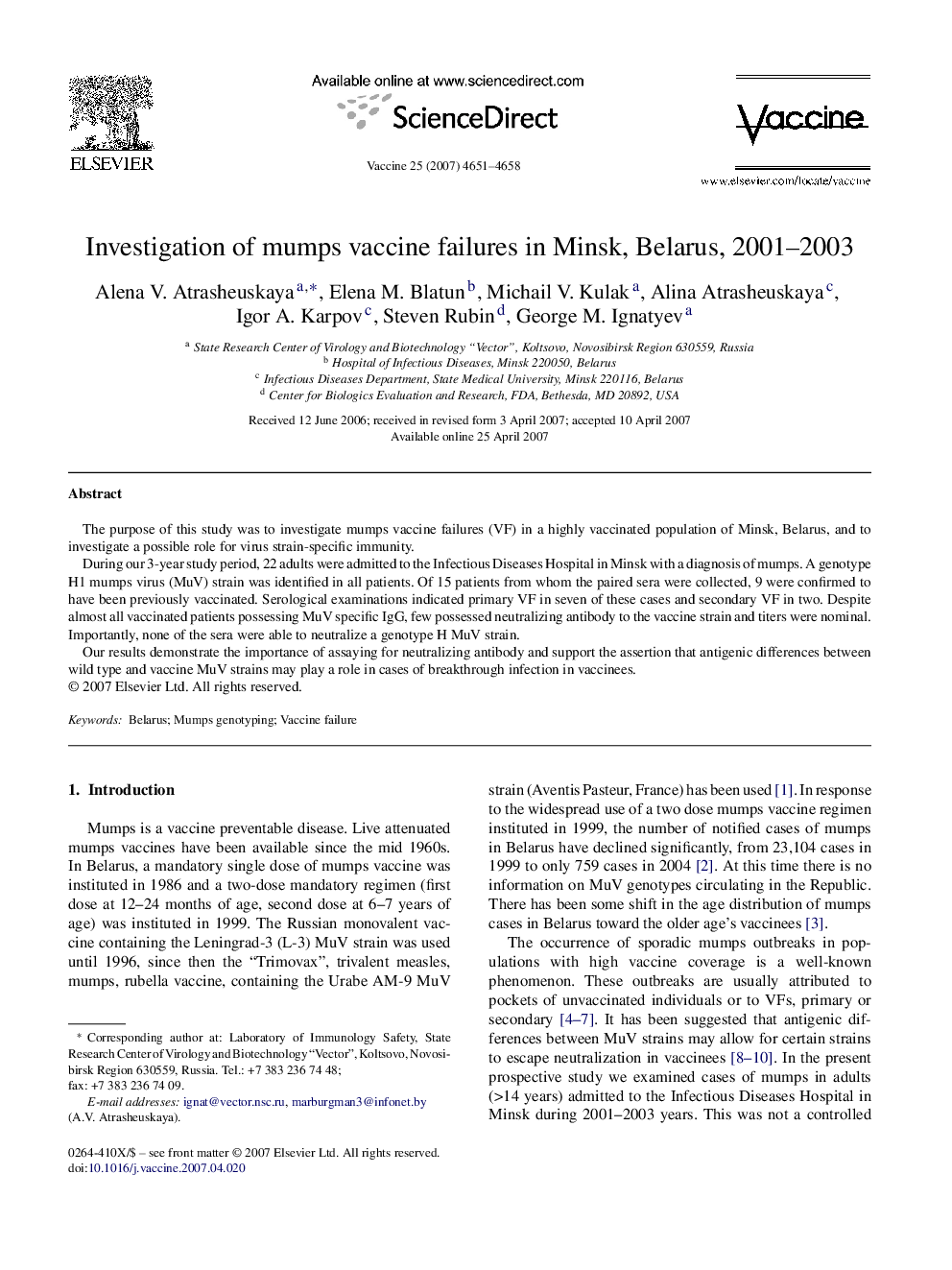 Investigation of mumps vaccine failures in Minsk, Belarus, 2001–2003