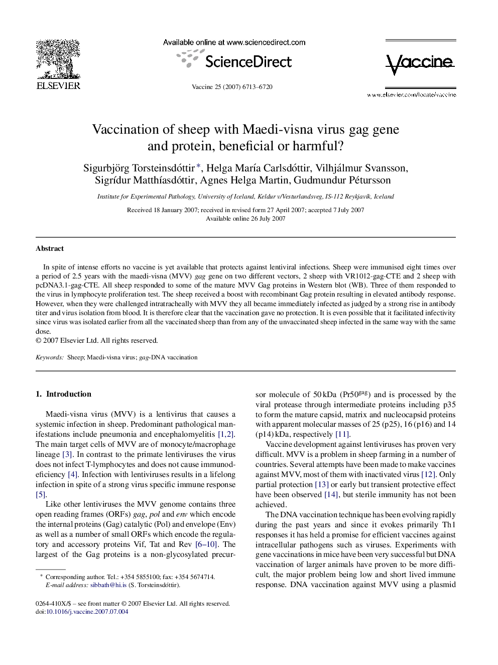 Vaccination of sheep with Maedi-visna virus gag gene and protein, beneficial or harmful?