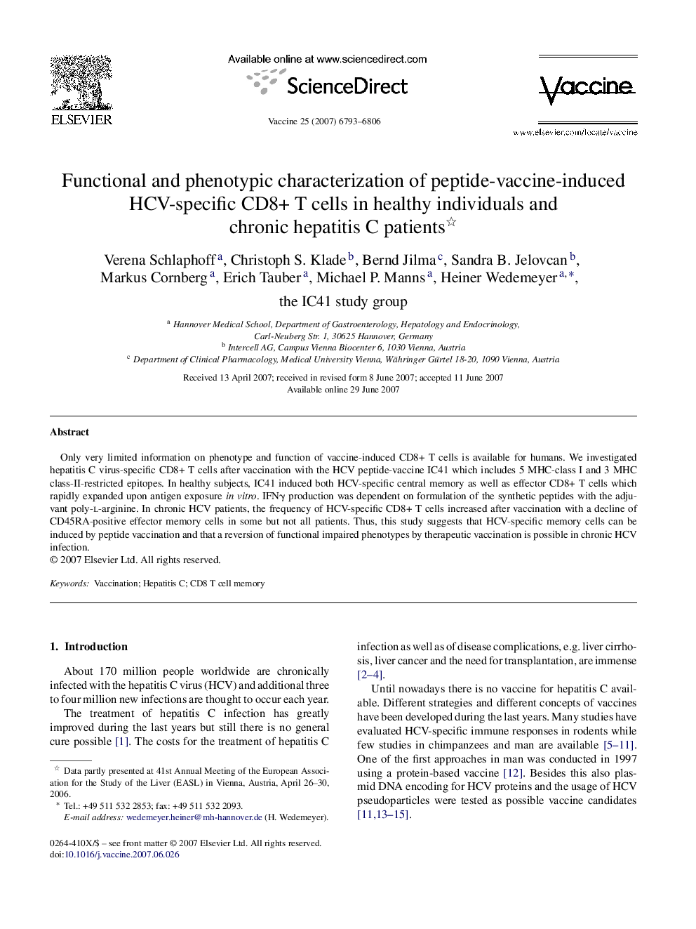 Functional and phenotypic characterization of peptide-vaccine-induced HCV-specific CD8+ T cells in healthy individuals and chronic hepatitis C patients 