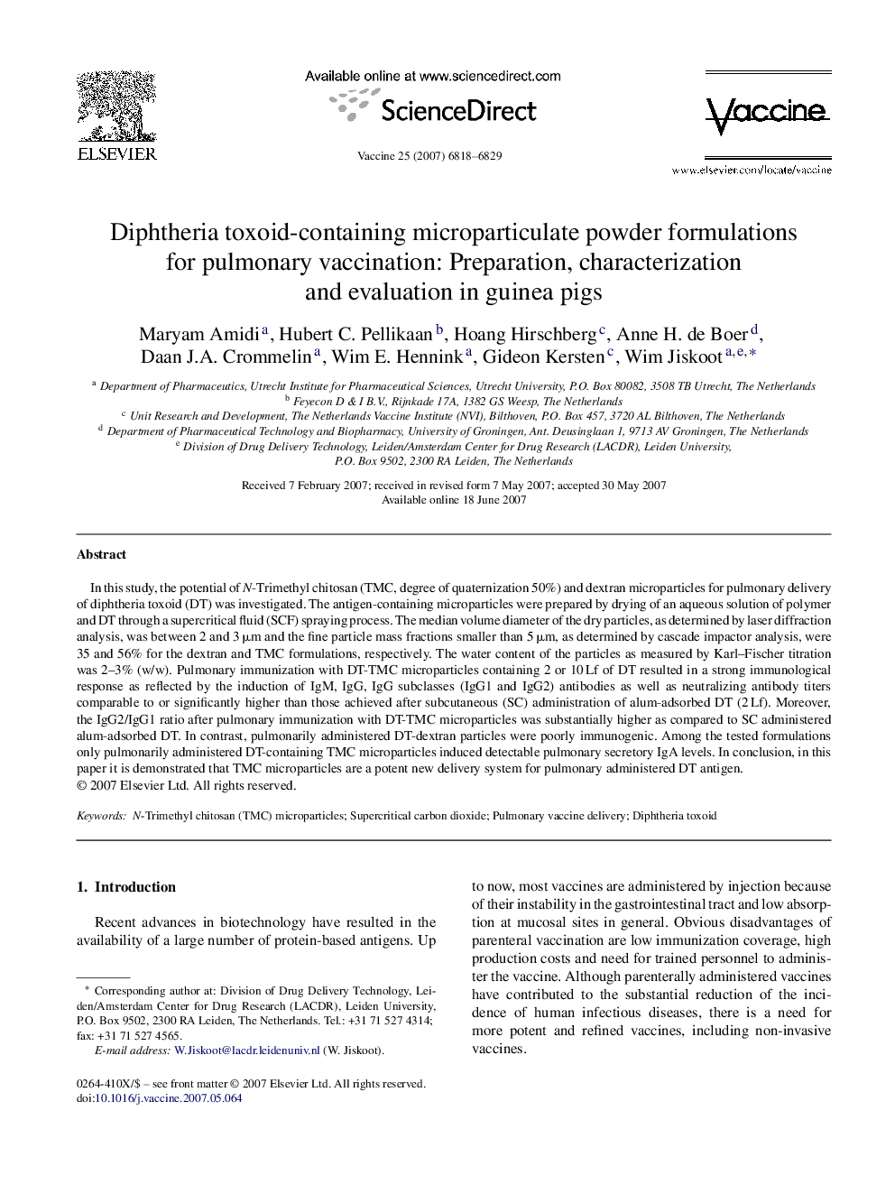 Diphtheria toxoid-containing microparticulate powder formulations for pulmonary vaccination: Preparation, characterization and evaluation in guinea pigs