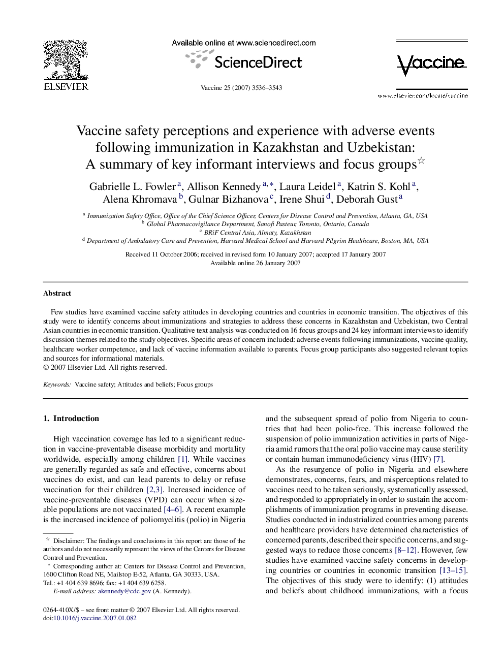 Vaccine safety perceptions and experience with adverse events following immunization in Kazakhstan and Uzbekistan: A summary of key informant interviews and focus groups 