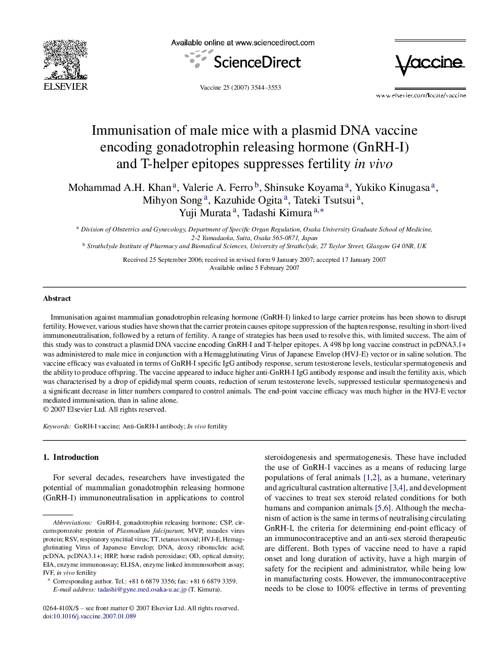 Immunisation of male mice with a plasmid DNA vaccine encoding gonadotrophin releasing hormone (GnRH-I) and T-helper epitopes suppresses fertility in vivo