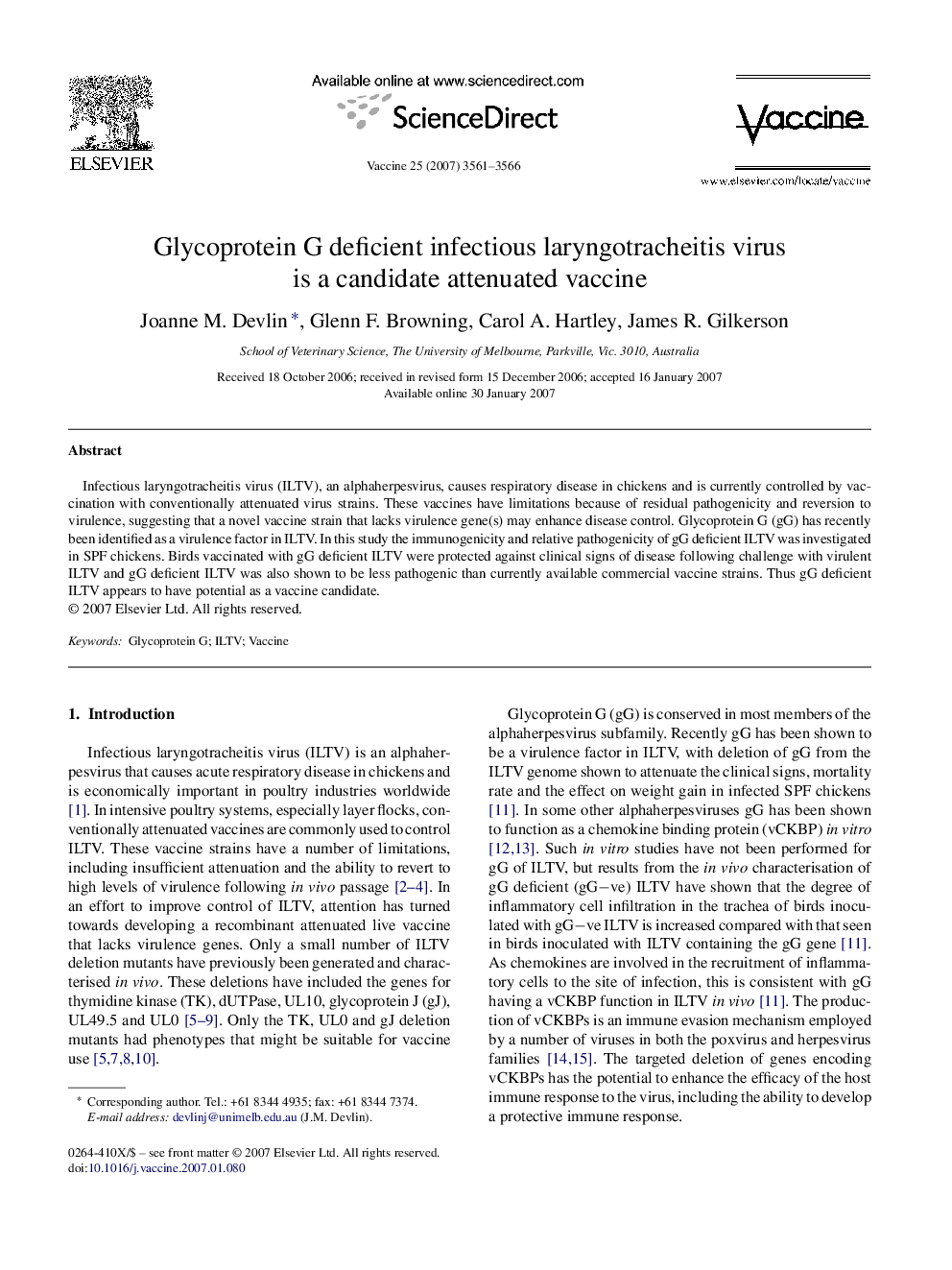 Glycoprotein G deficient infectious laryngotracheitis virus is a candidate attenuated vaccine