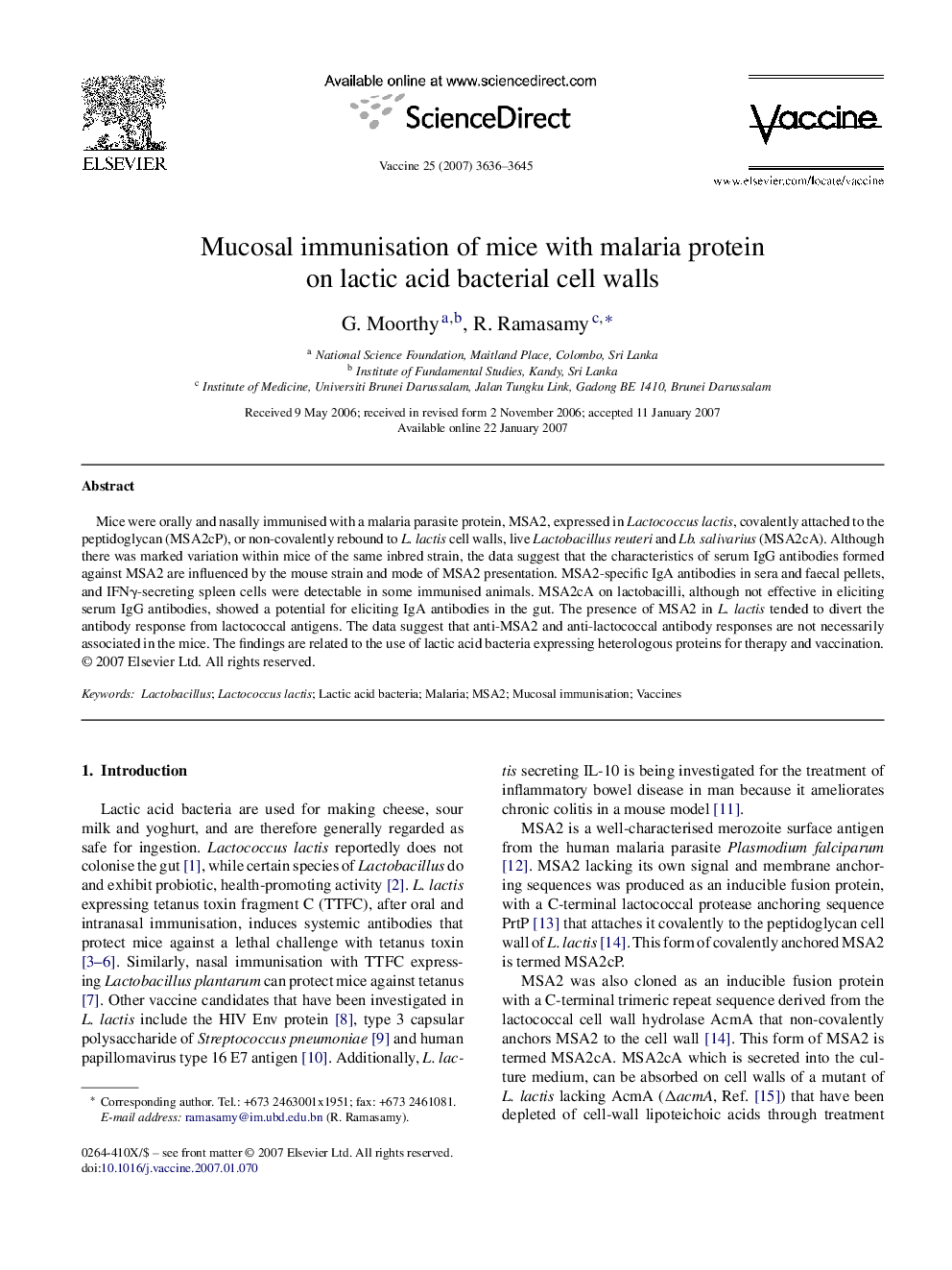 Mucosal immunisation of mice with malaria protein on lactic acid bacterial cell walls