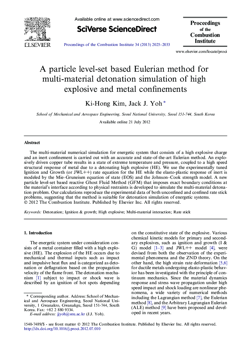 A particle level-set based Eulerian method for multi-material detonation simulation of high explosive and metal confinements