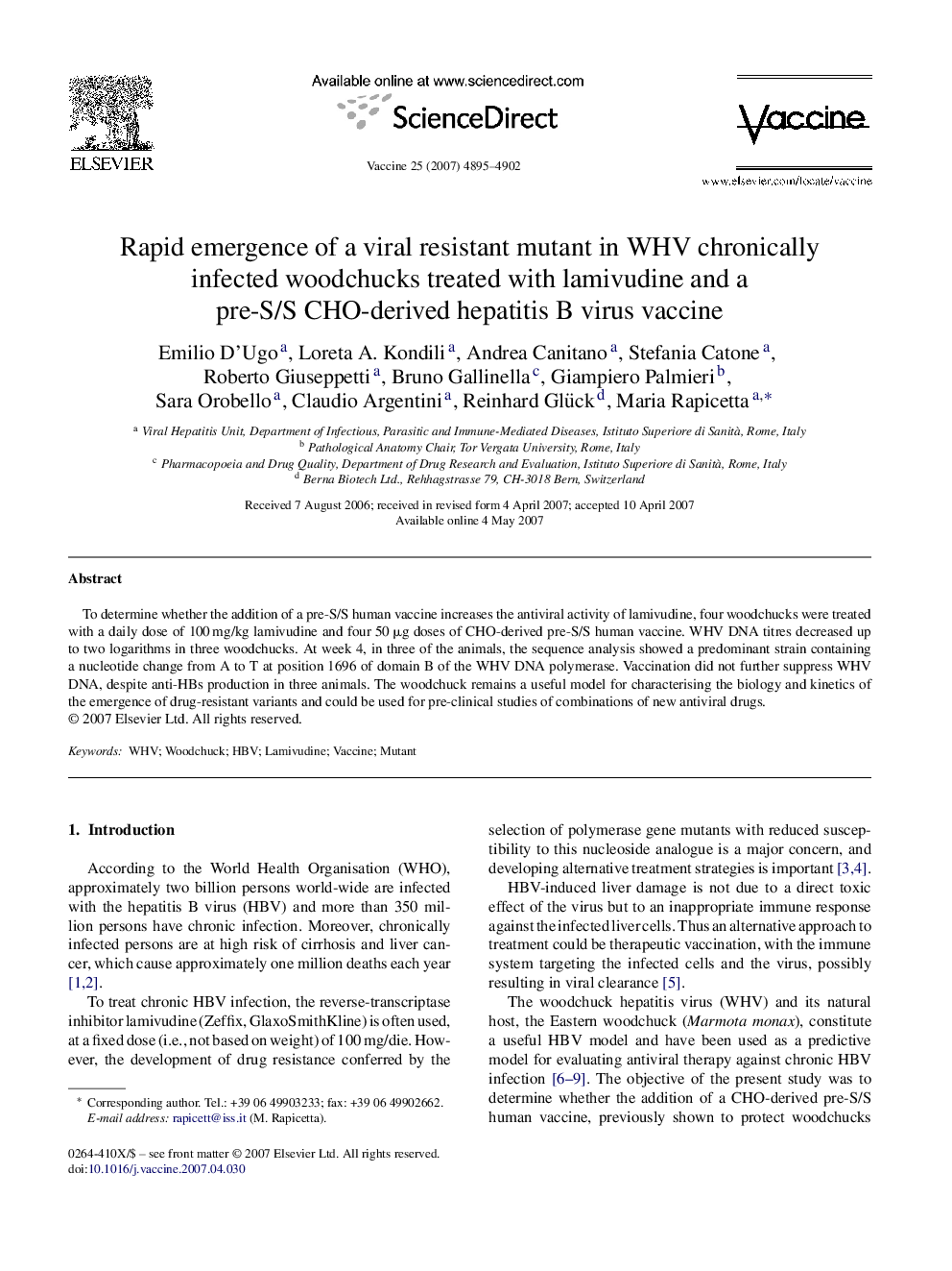 Rapid emergence of a viral resistant mutant in WHV chronically infected woodchucks treated with lamivudine and a pre-S/S CHO-derived hepatitis B virus vaccine