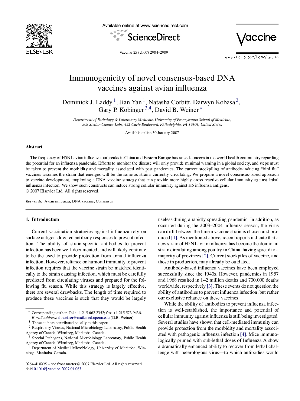 Immunogenicity of novel consensus-based DNA vaccines against avian influenza