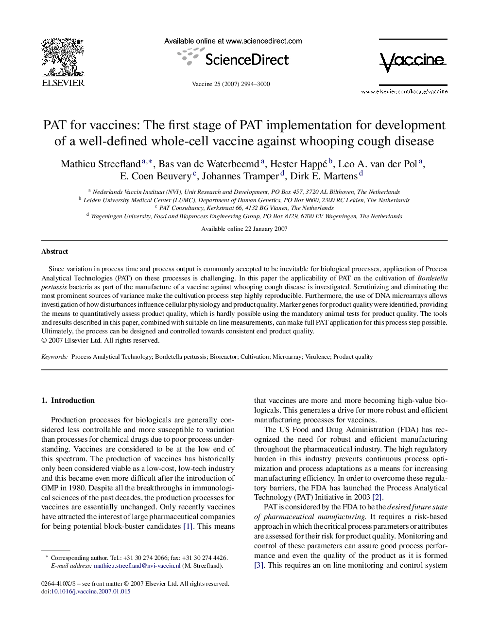 PAT for vaccines: The first stage of PAT implementation for development of a well-defined whole-cell vaccine against whooping cough disease