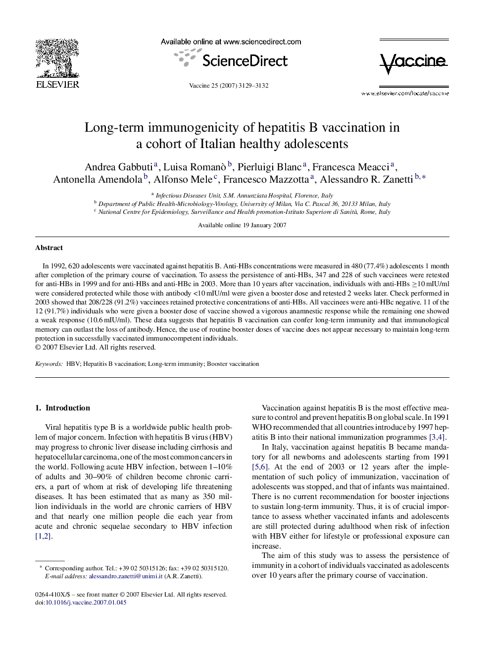 Long-term immunogenicity of hepatitis B vaccination in a cohort of Italian healthy adolescents