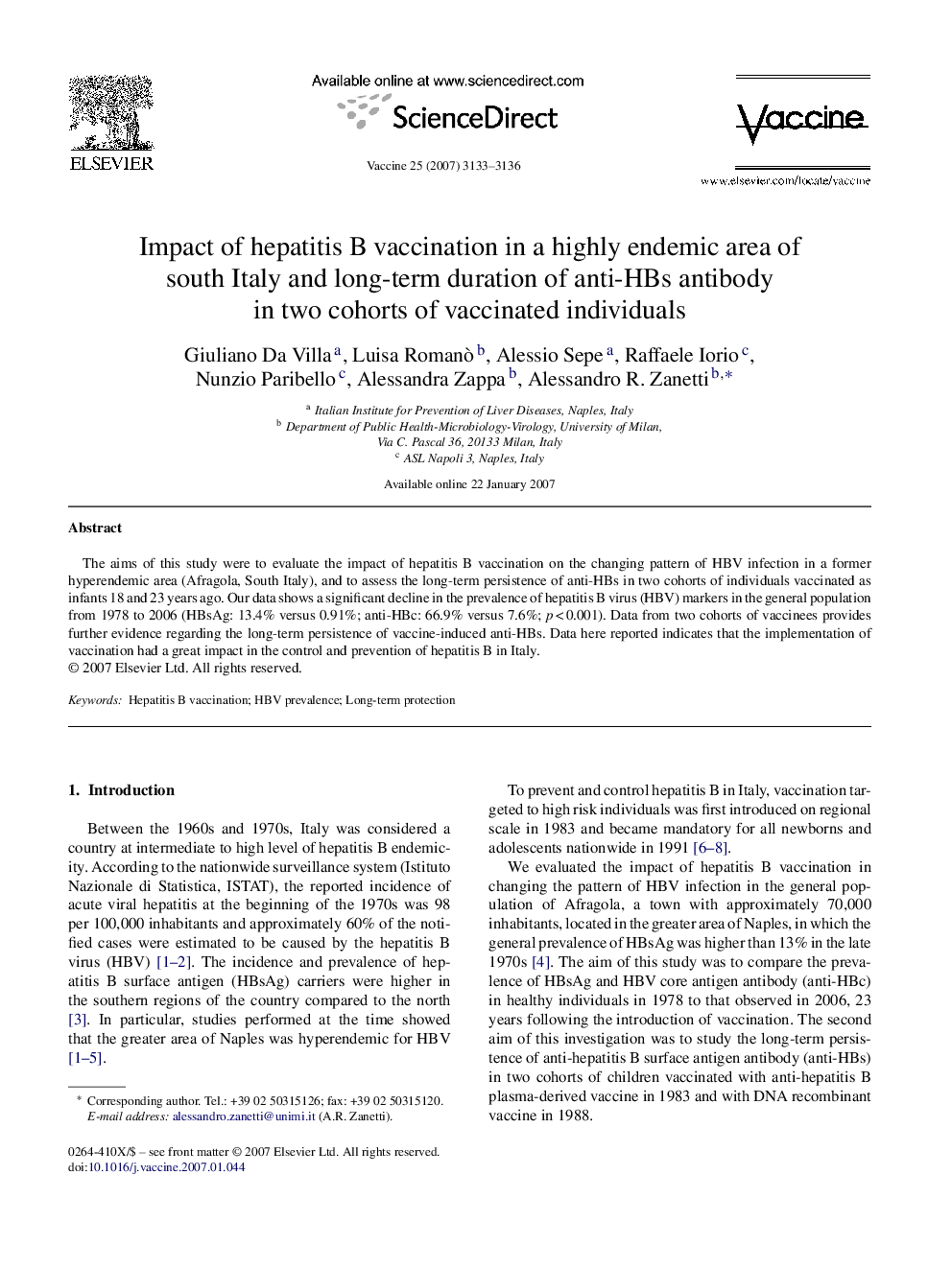 Impact of hepatitis B vaccination in a highly endemic area of south Italy and long-term duration of anti-HBs antibody in two cohorts of vaccinated individuals