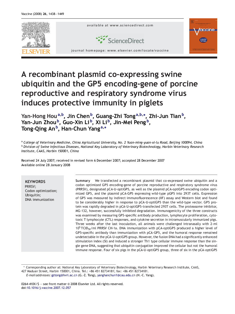 A recombinant plasmid co-expressing swine ubiquitin and the GP5 encoding-gene of porcine reproductive and respiratory syndrome virus induces protective immunity in piglets