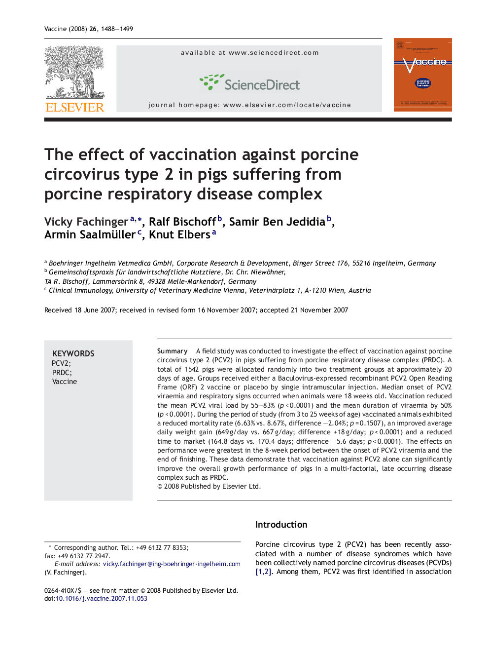 The effect of vaccination against porcine circovirus type 2 in pigs suffering from porcine respiratory disease complex