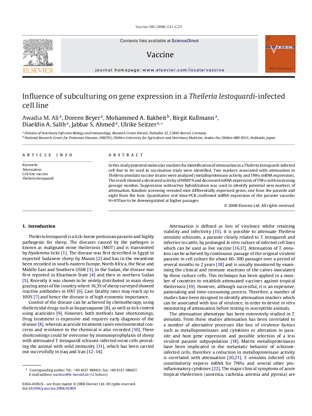 Influence of subculturing on gene expression in a Theileria lestoquardi-infected cell line