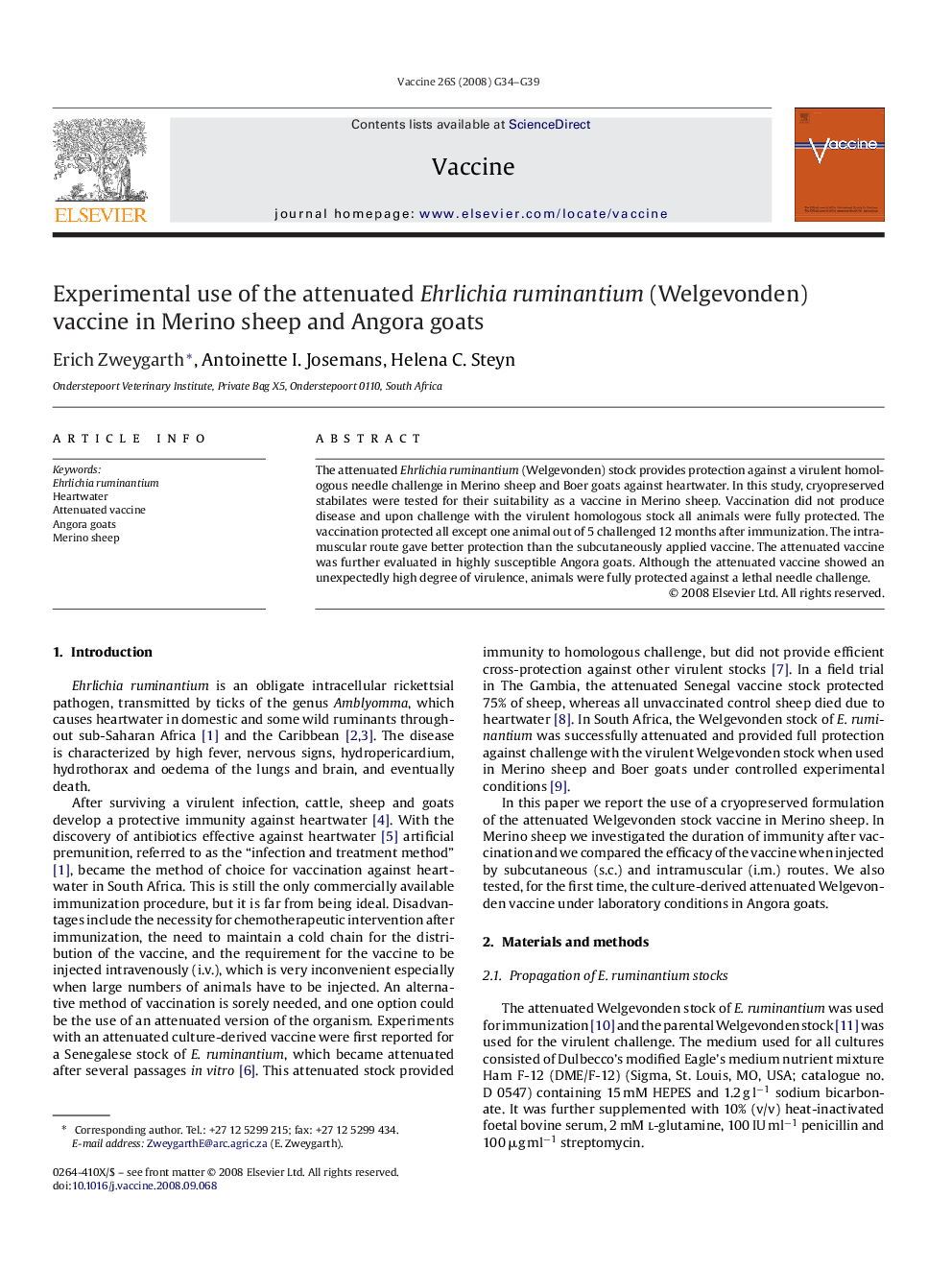 Experimental use of the attenuated Ehrlichia ruminantium (Welgevonden) vaccine in Merino sheep and Angora goats