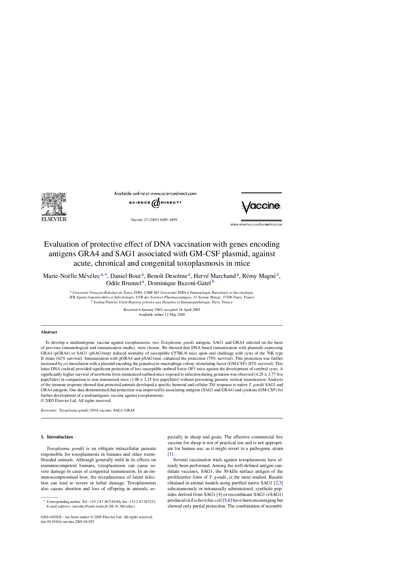 عکس صفحه اول مقاله: Evaluation of protective effect of DNA vaccination with genes encoding antigens GRA4 and SAG1 associated with GM-CSF plasmid, against acute, chronical and congenital toxoplasmosis in mice Evaluation of protective effect of DNA vaccination with genes encoding antigens GRA4 and SAG1 associated with GM-CSF plasmid, against acute, chronical and congenital toxoplasmosis in mice
