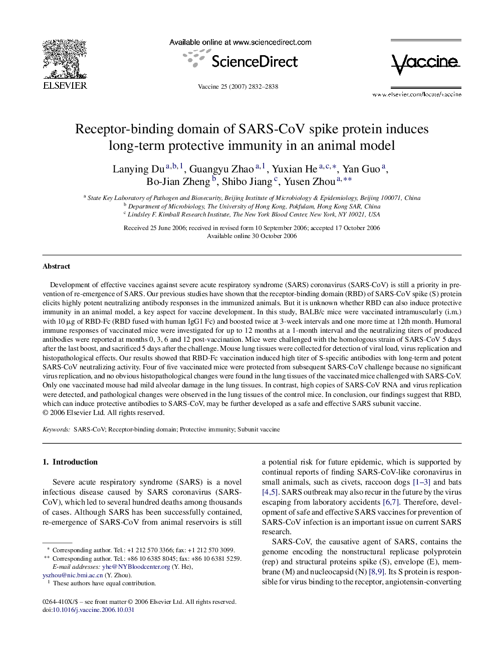 Receptor-binding domain of SARS-CoV spike protein induces long-term protective immunity in an animal model