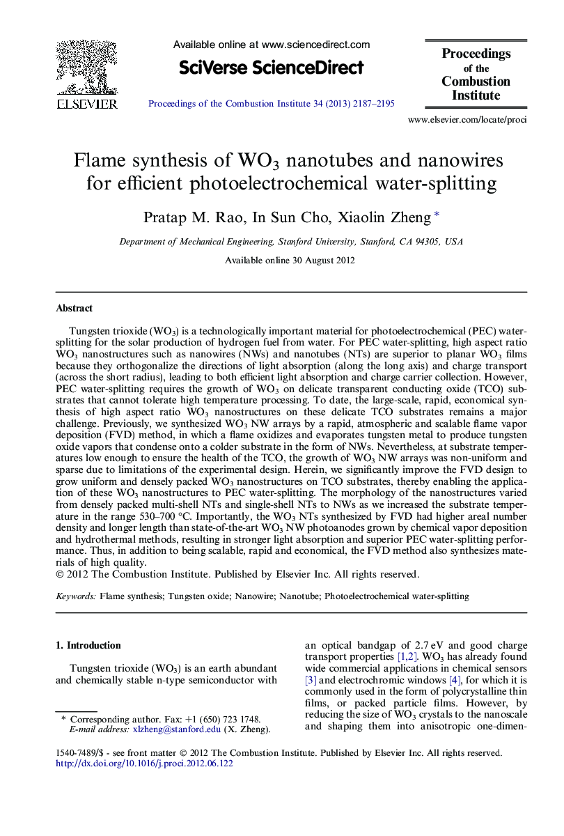 Flame synthesis of WO3 nanotubes and nanowires for efficient photoelectrochemical water-splitting