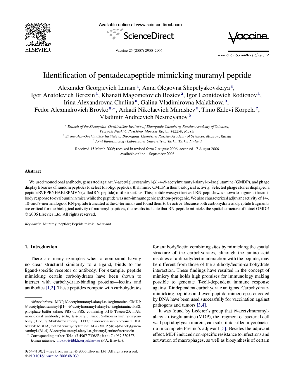 Identification of pentadecapeptide mimicking muramyl peptide