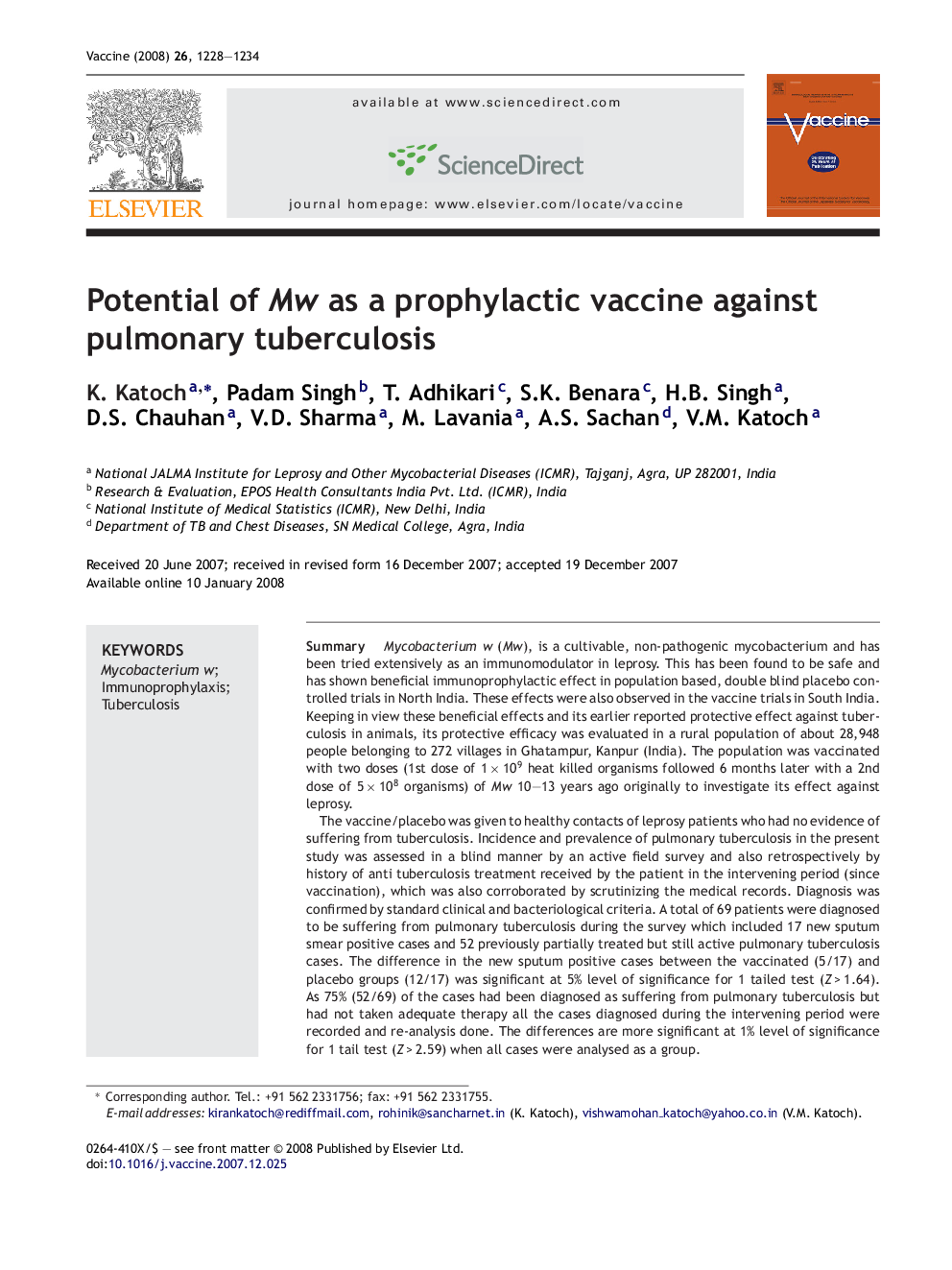 Potential of Mw as a prophylactic vaccine against pulmonary tuberculosis