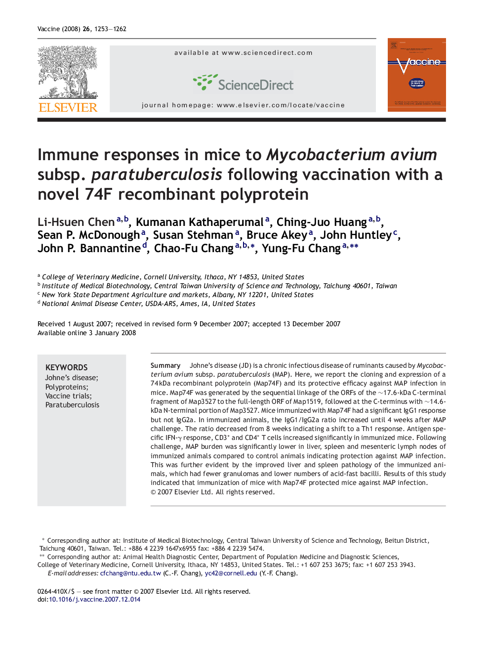 Immune responses in mice to Mycobacterium avium subsp. paratuberculosis following vaccination with a novel 74F recombinant polyprotein